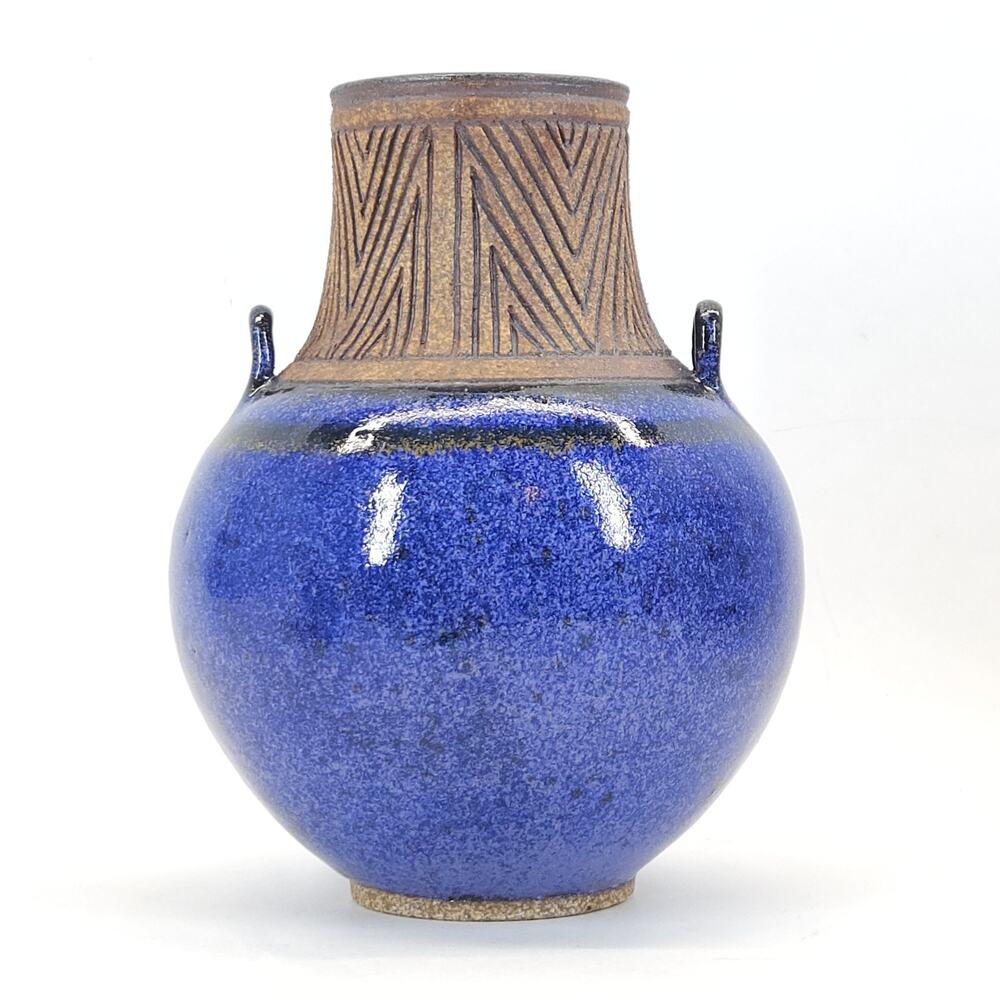 Studio Art Pottery Flower Vase Blue Folk Art Rustic Signed Chohlidakis USA 8"H - Picture 2 of 7